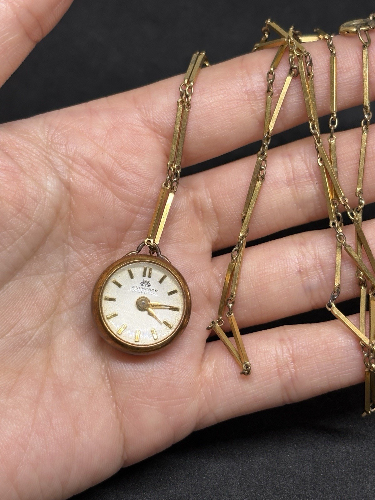 Vintage Bucherer Pendant Watch Necklace Skeleton Panoramic Ball 17 Jewels Swiss